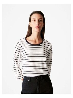 TRENERY | Organically Grown Cotton Jersey 3/4 Sleeve T-shirt in Navy Stripe